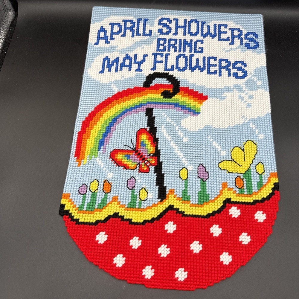 Plastic Canvas April Wall Decor Completed Spring Showers Rainbow 12 X 18"